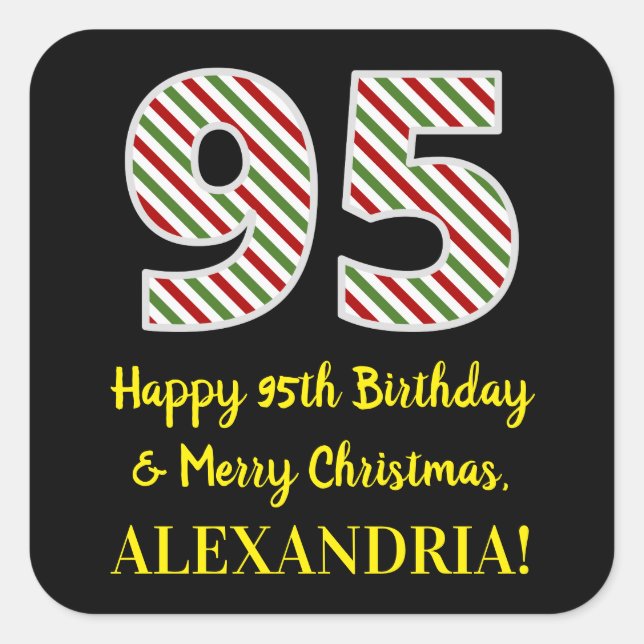 Happy 95th Birthday & Merry Christmas, Custom Name Square Sticker (Front)