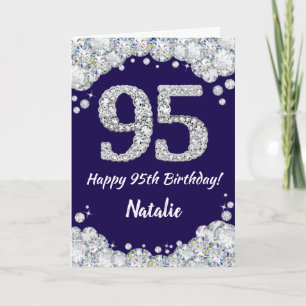 Happy 95th Birthday Navy Blue and Silver Glitter Card