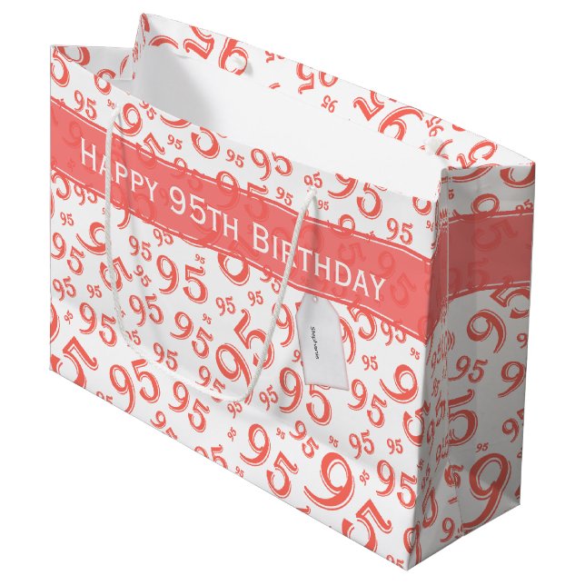 Happy 95th Birthday Number Pattern Coral Large Gift Bag (Front Angled)