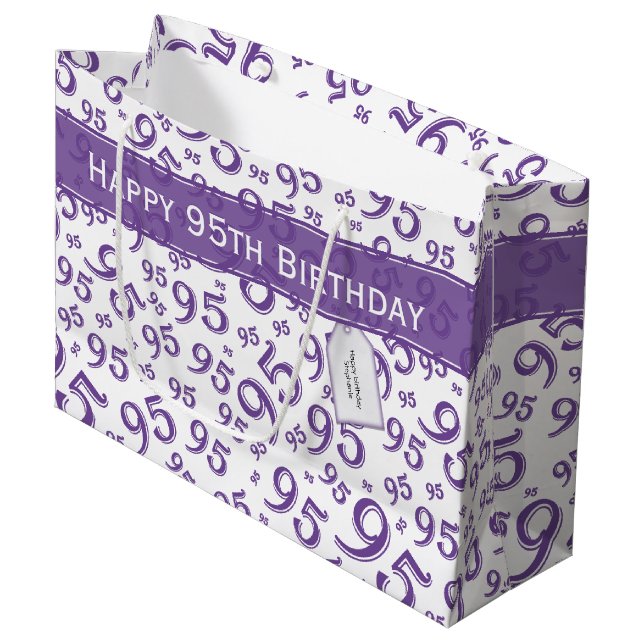 Happy 95th Birthday Number Pattern Purple Large Gift Bag (Front Angled)