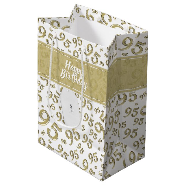 Happy 95th Random Number Pattern Gold/White Medium Gift Bag (Front Angled)