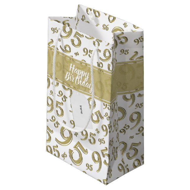Happy 95th Random Number Pattern Gold/White Small Gift Bag (Front Angled)