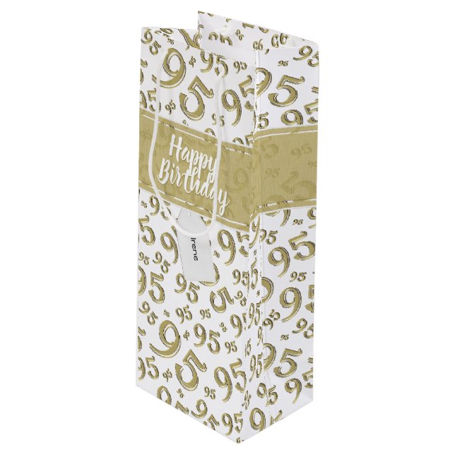 Happy 95th Random Number Pattern Gold/White Wine Gift Bag (Front Angled)