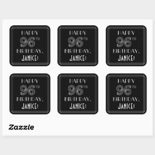 HAPPY 96TH BIRTHDAY; Art Deco Style; Custom Name Square Sticker