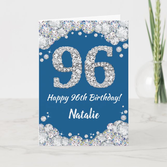Happy 96th Birthday Blue and Silver Glitter Card (Front)