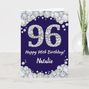 Happy 96th Birthday Navy Blue and Silver Glitter Card