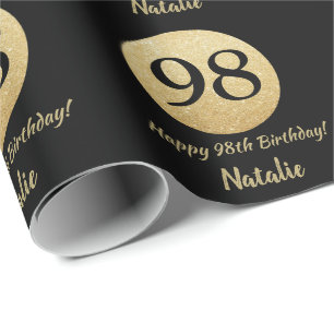 Happy 98th Birthday Black and Gold Glitter Wrapping Paper
