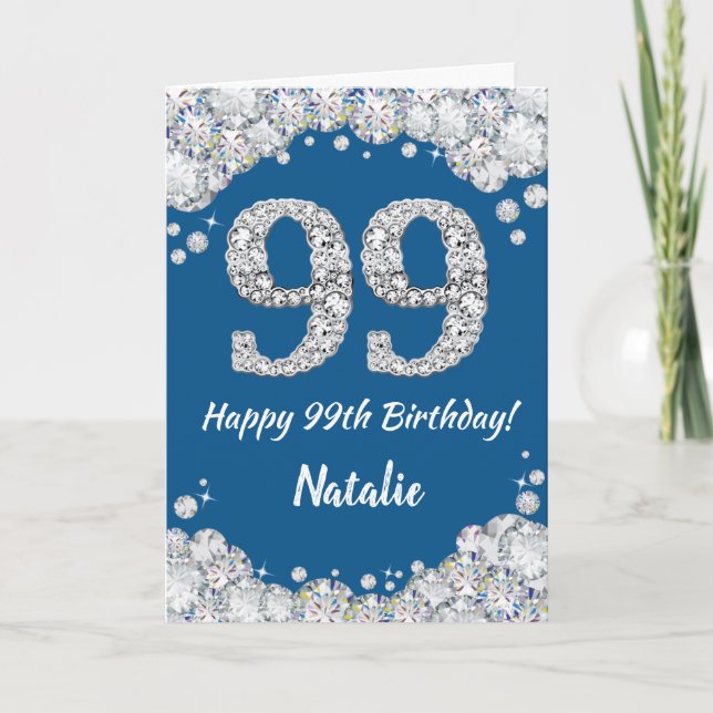 Happy 99th Birthday Blue and Silver Glitter Card (Front)