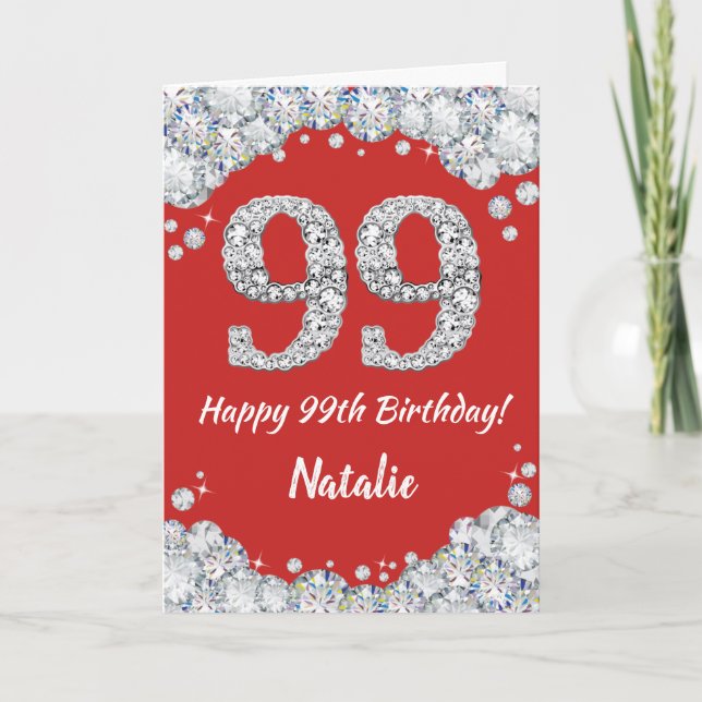 Happy 99th Birthday Red and Silver Glitter Card (Front)