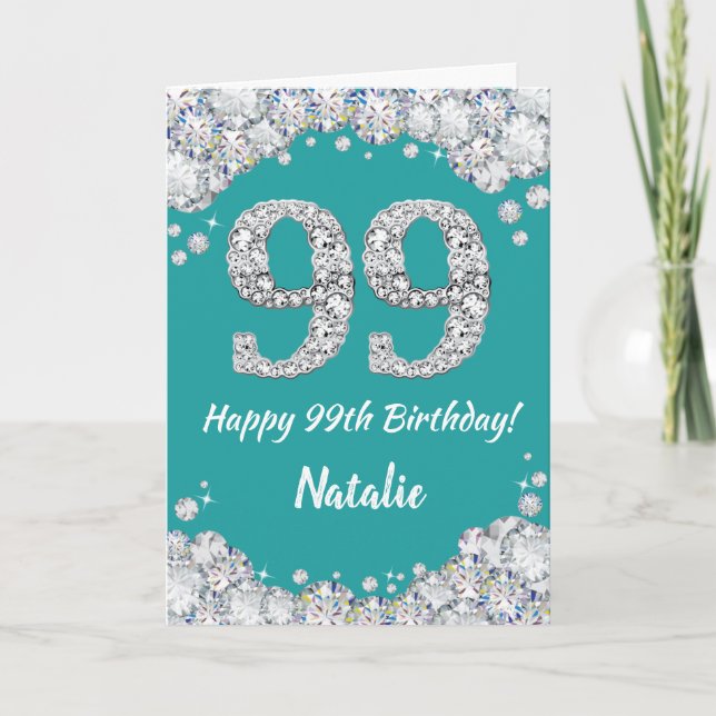 Happy 99th Birthday Teal and Silver Glitter Card (Front)