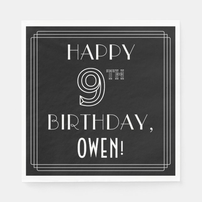 HAPPY 9TH BIRTHDAY; Art Deco Style; Custom Name Napkin (Front)