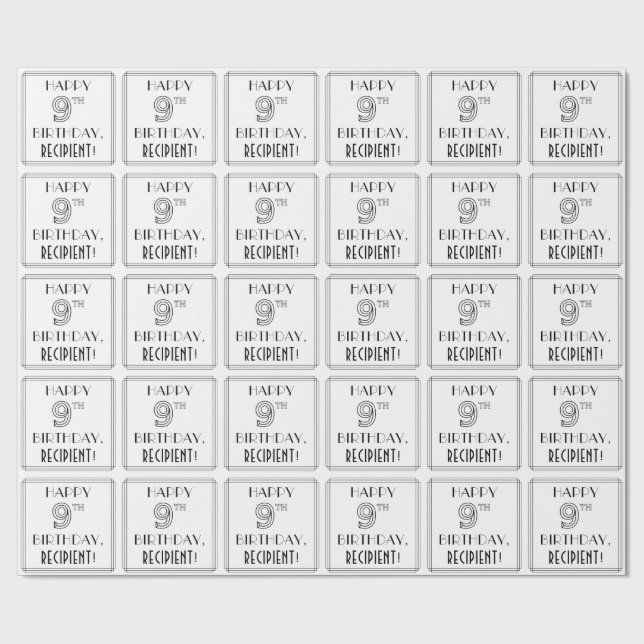 HAPPY 9TH BIRTHDAY; Art Deco Style; Custom Name Wrapping Paper (Seam)
