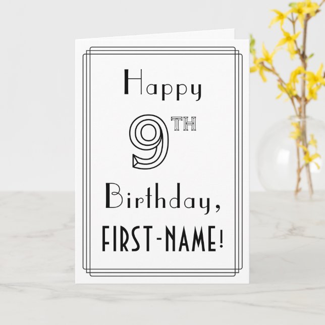 Happy 9th Birthday, Art Deco Style w/ Custom Name Card (Yellow Flower)