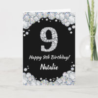 Happy 9th Birthday Black and Silver Glitter Card