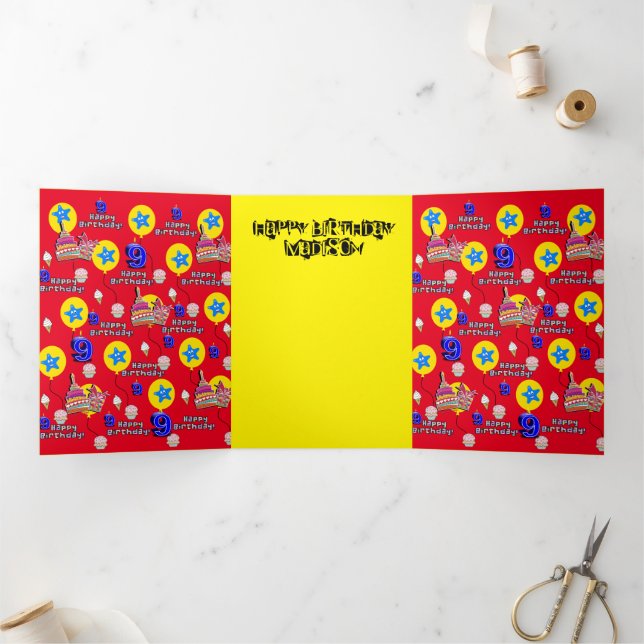 Happy 9th Birthday Card, #9 Red &Yellow Tri-Fold Card (Inside)