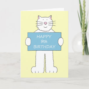 Happy 9th Birthday cute white cat. Card