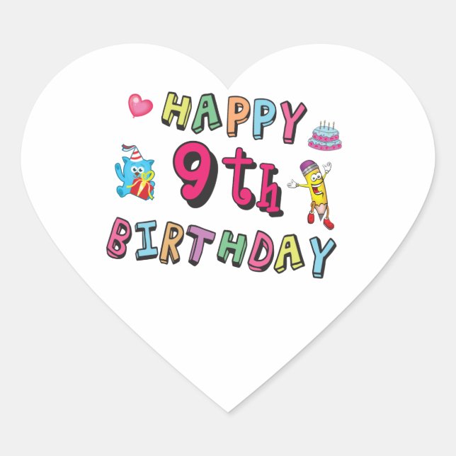 Happy 9th Birthday for 9 year old Kids B-day Heart Sticker (Front)