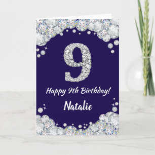 Happy 9th Birthday Navy Blue and Silver Glitter Card
