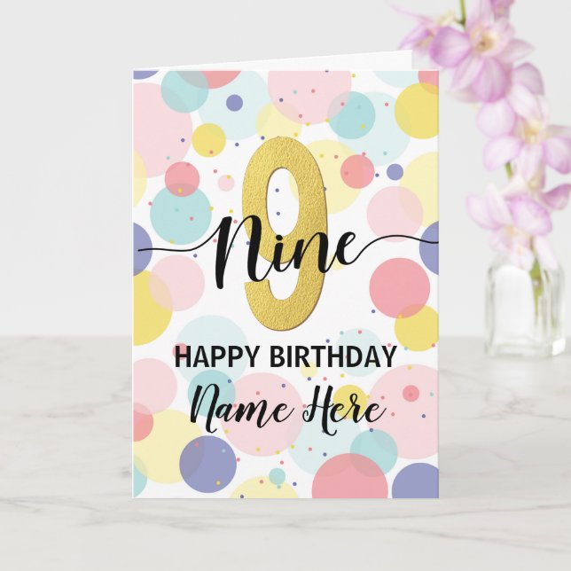 Happy 9th Birthday Pastel Rainbow Gold Girl Card (Orchid)