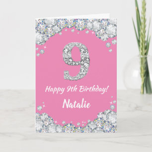 Happy 9th Birthday Pink and Silver Glitter Card