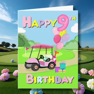 Happy 9th Birthday Polka Dot Pink Girly Golf Card