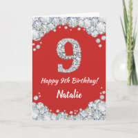 Happy 9th Birthday Red and Silver Glitter Card