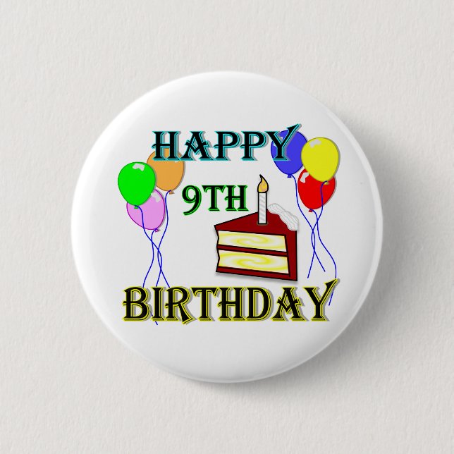 Happy 9th Birthday with Cake, Balloons and Candle 6 Cm Round Badge (Front)