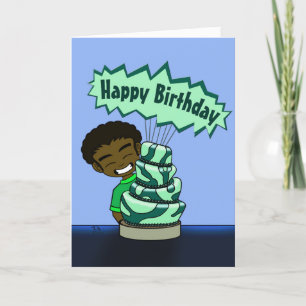 Happy African American Boy and Cake Birthday Card