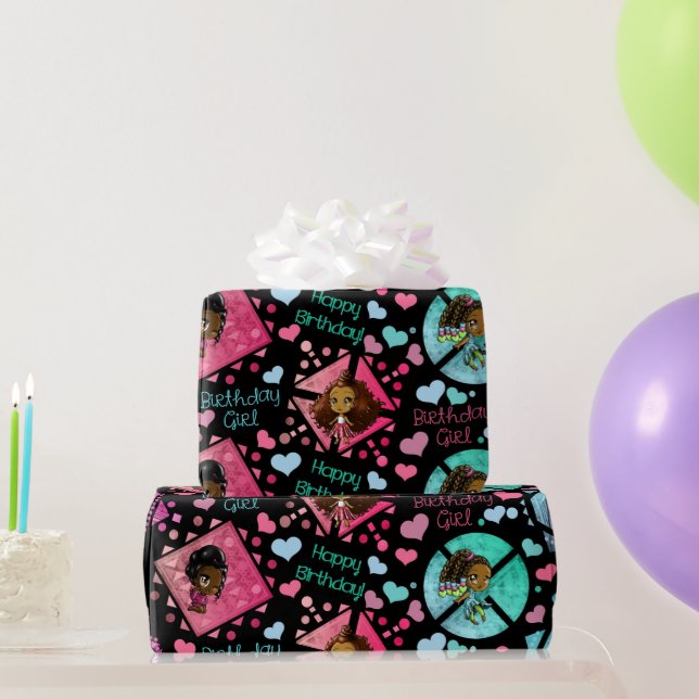 Happy African American Girls Hearts Cute Wrapping Paper (Party Gifts)