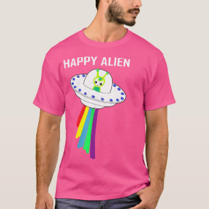 Happy Alien In Flying Saucer Rainbow And Ufo Belie T-Shirt