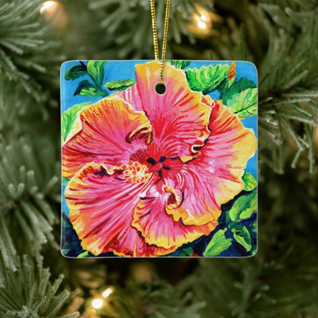Happy Aloha Pink Hibiscus Ceramic Ornament (Tree)