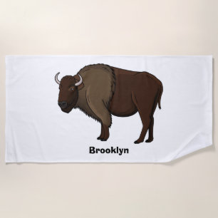 Happy American bison buffalo illustration Beach Towel