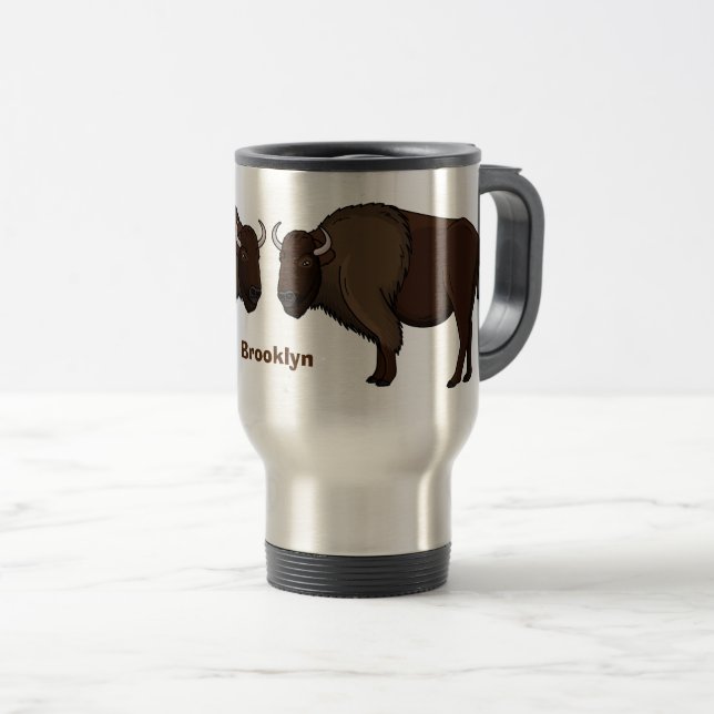 Happy American bison buffalo illustration  Travel Mug (Front Right)