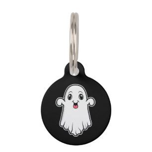 Happy And Cute Cartoon Ghost Illustration On Black Pet Tag