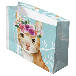 Happy Animal with Flowers in Blue Forest-Cat Kitty Large Gift Bag