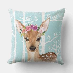 Happy Animal with Flowers in Blue Forest-Deer Cushion
