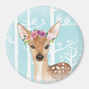 Happy Animal with Flowers in Blue Forest-Deer Magnet