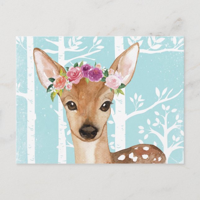 Happy Animal with Flowers in Blue Forest-Deer Postcard (Front)
