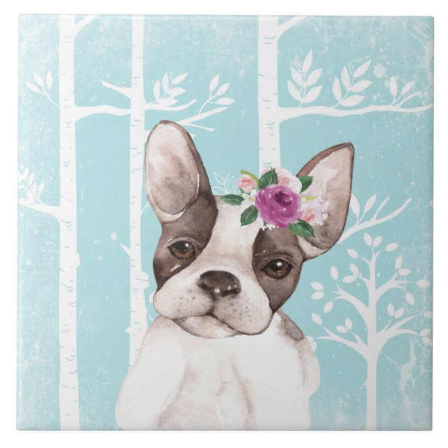 Happy Animal with Flowers in Blue Forest-Dog-Pug Tile (Front)