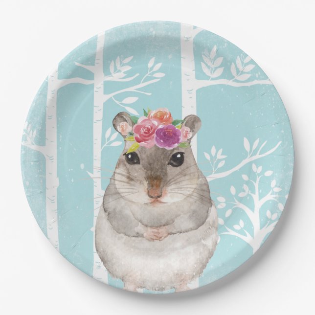 Happy Animal with Flowers in Blue Forest-Hamster Paper Plate (Front)
