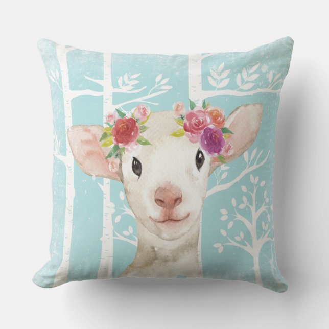 Happy Animal with Flowers in Blue Forest-Sheep Cushion (Front)