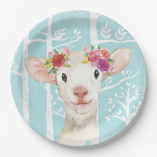 Happy Animal with Flowers in Blue Forest-Sheep Paper Plate