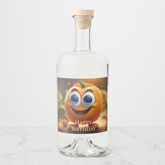Happy Animated 3d Orange, Liquor Bottle Label (Front)