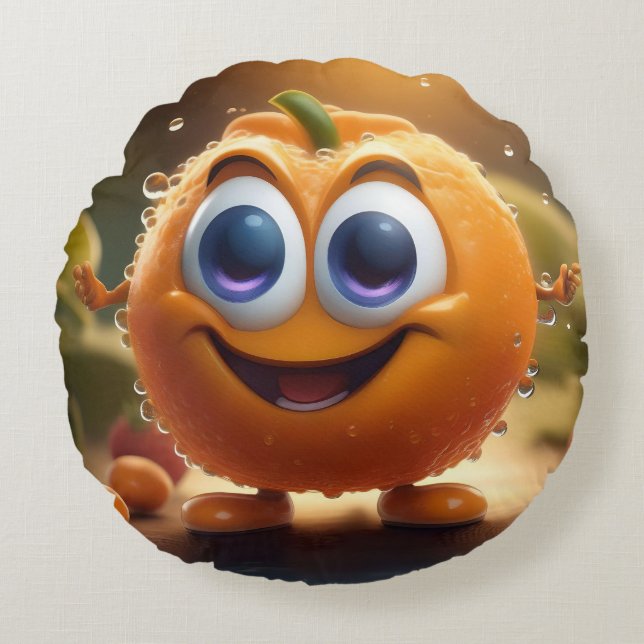 Happy Animated 3d Orange, Round Cushion (Front)