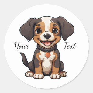 Happy Animated Puppy Illustration Customizable Classic Round Sticker