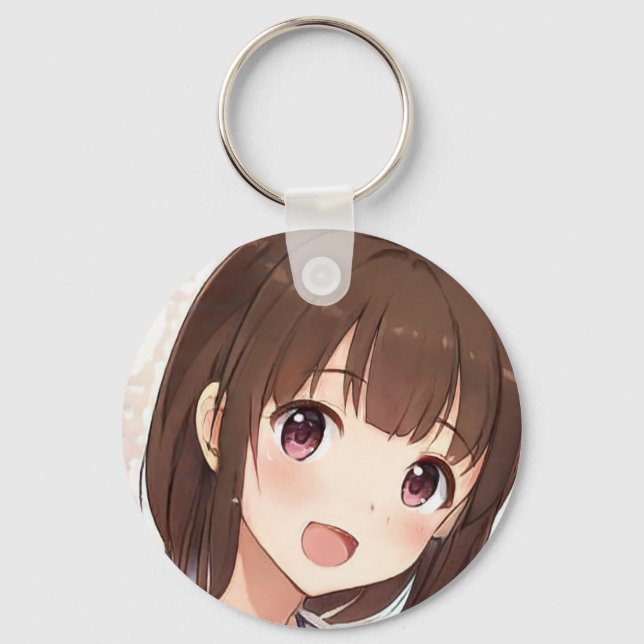 Happy anime girl cute manga brown hair amber eyes key ring (Front)