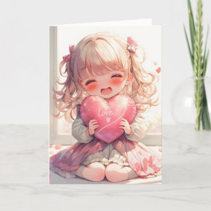 Happy Anime Girl Heart Holiday Card