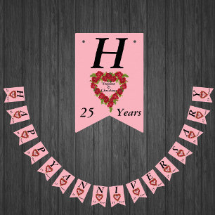 Happy Anniversary 25 Years Red Rose Heart Wreath Bunting