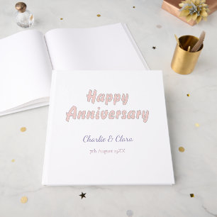 Happy anniversary add name pink grey pastel bold Guest Book