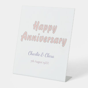 Happy anniversary add name pink grey pastel bold Pedestal Sign